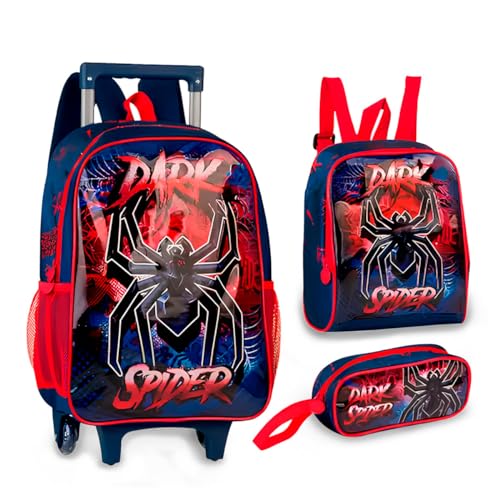 Kit Mochila de Rodinhas Infantil Escolar Dark Spider Aranha - Azul/Vermelho