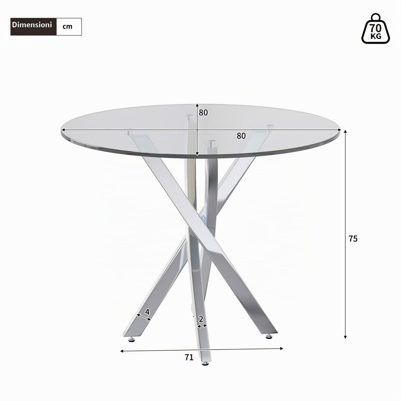 Tavolo da pranzo rotondo in vetro, 80 x 80 x 75 cm, moderno tavolo da pranzo in vetro, piano in vetro temperato, gambe del tavolo galvanizzate, tavolo da cucina rotondo, per cucina, soggiorno