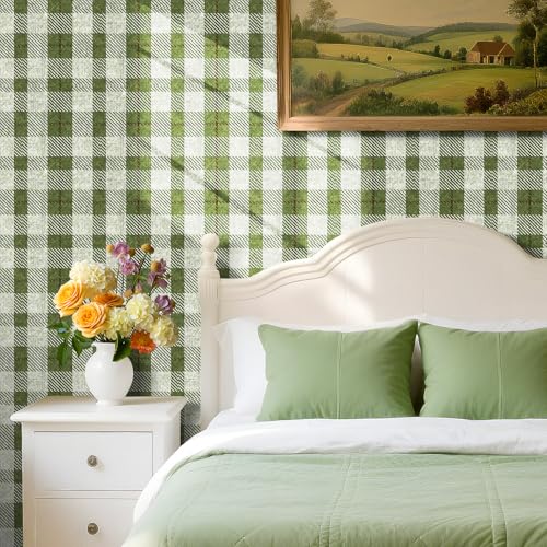 Livelynine Papel Pintado Pared Dormitorio Salon Verde Cuadros Escoceses 44.5CMx7M Papel Pintado Autoadhesivo Pared Verde Salvia Tartan Plaid Papeles Vinilo Adhesivo Muebles Cocina Baño Lino Ajedrezado