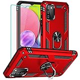 Yiakeng Compatible Phone Case for Samsung Galaxy A03S Case with HD Screen Protector, Military Grade Protective Cases with Ring for Galaxy A03S (Red)