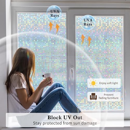 Privacy Window Film Stained Glass Non-Adhesive Rainbow Window Film Home Decorative Vinyl Static Cling Window Stickers Window Covering for Glass Door Bedroom Office 35.4 Inch x 13.1 Feet