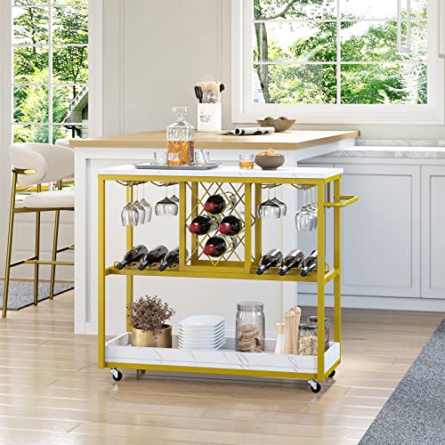 Yitahome Gold Bar Cart, Home Bar Serving Carts With Wine Rack Glasses Holder Kitchen Cart On Wheels For Living Room, Kitchen #TOP1
