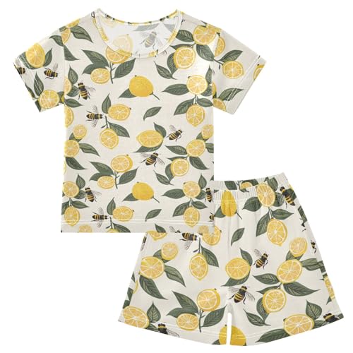 ALAZA Lemon Leaves Bee Pajama Set Short Sleeve Sleepwear Soft Lounge Nightwear