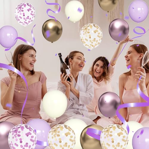 Image of Purple & Gold Balloons - 60pcs 12inch Metallic Lavender & Champagne Balloons with Confetti for Graduation, Wedding, Birthday & Anniversary Celebrations