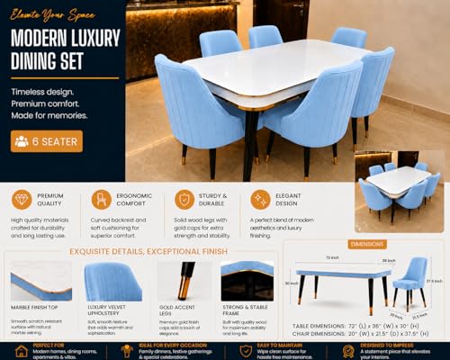 Image of WOODEN SPACE 6-Seater Wooden Dining Table Set | Nano Composite Marble Top | Solid Wood Base | Modern Dining Room Furniture with 6 Chairs (Sky Blue Infinity Backline)