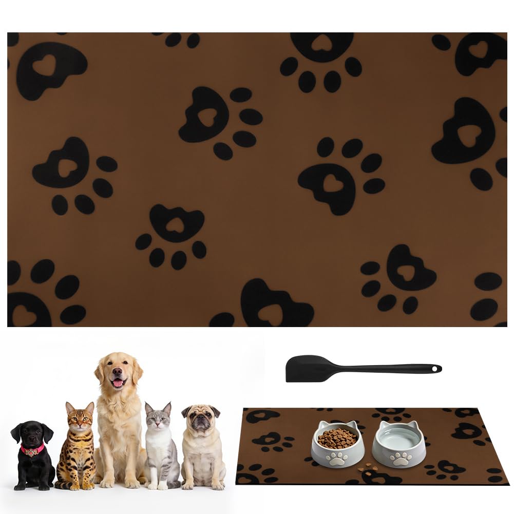 APXEL Pet Feeding Mat 40x60cm, Absorbent Dog Placemat for Food and Water Bowl, Rubber Backing Waterproof No Stains Quick Dry Non Slip Cat Food Bowl Mats, Multiple Paws (Brown)