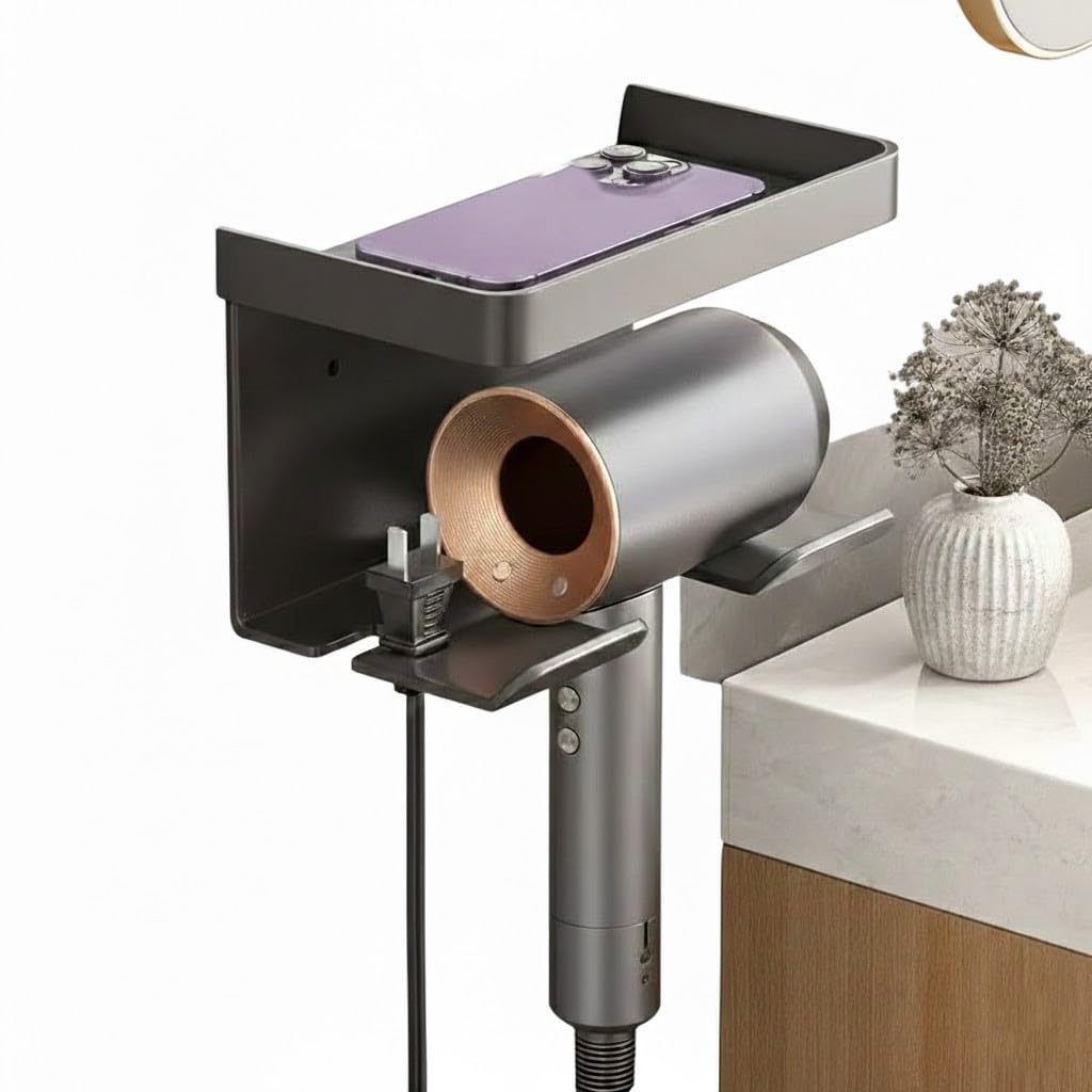 GARNELRHUN Fönhalter Ohne Bohren-Föhn Halterung mit Kabelhalter und Aufbewahrung Kohlenstoffstahl Selbstklebend Haartrocknerhalter,Wand Föhnhalterung Bad Ohne Bohren für Meisten Haartrockner（Schwarz）