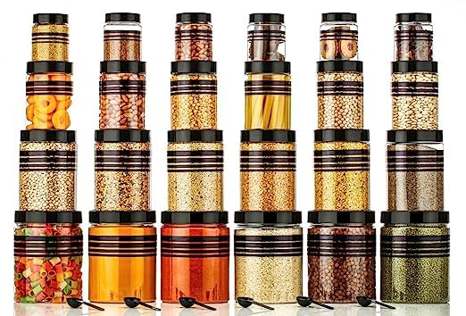 Rajvi Plastic Airtight Printed Design Container Set Kitchen Storage with Spoons Grocery Box Unbreakable Black Line Masala For Dabba Spice, Kitchen Organiser, Black, Pack of 20