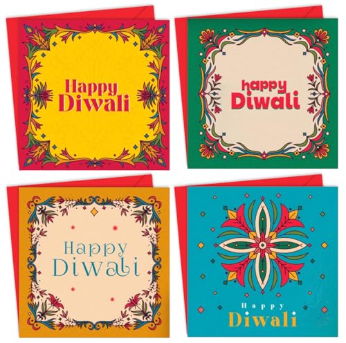 Giftinghouse Diwali Cards Multipack with Envelopes - 8/12 Pcs of Happy Diwali Cards – Eco-Friendly, Luxury Greeting Cards with Red Envelopes for decorations, family, friends (8 cards)
