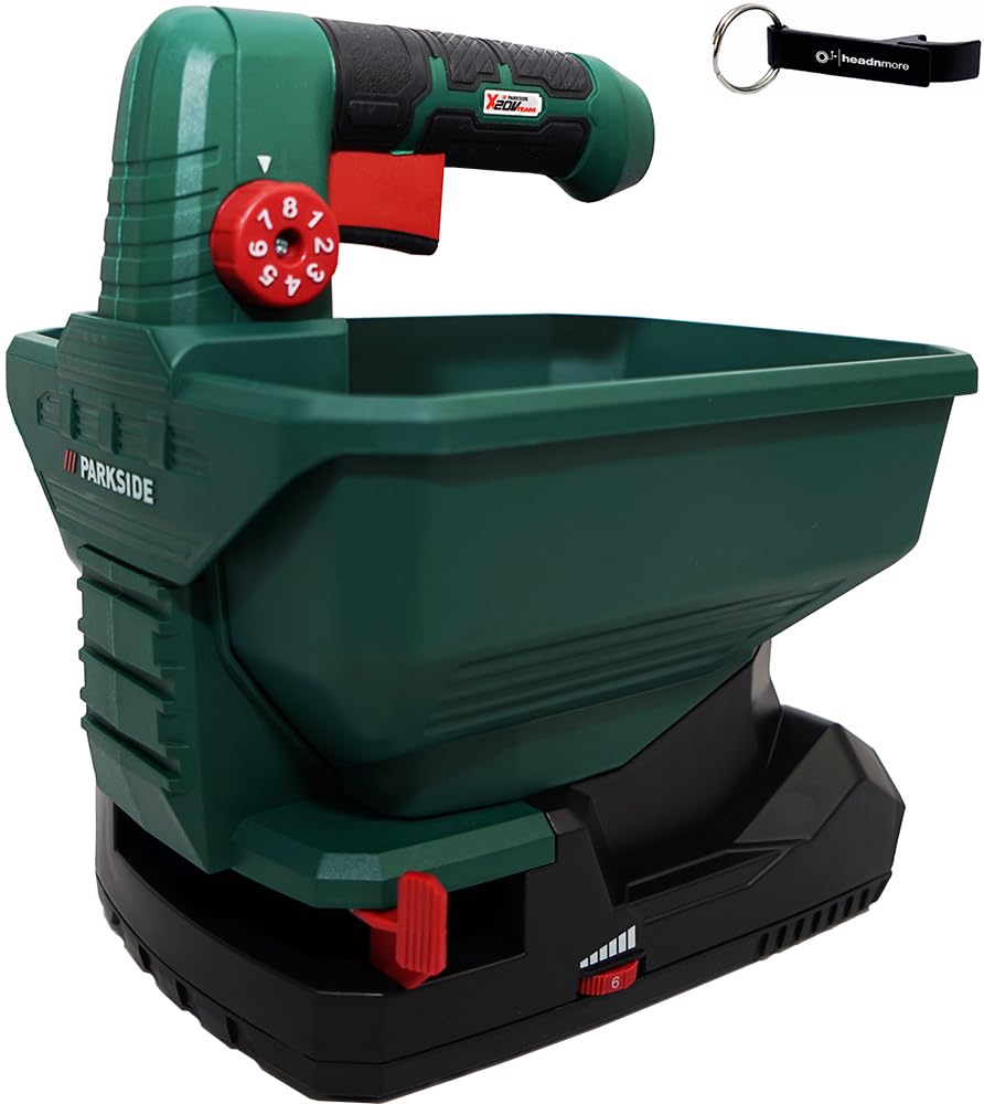 HEADNMORE Épandeur universel PUSA 20-Li - Compatible avec la série Parkside X20V - Réservoir de 3,3 l, jusqu'à 5 m de largeur de dispersion - Sans batterie ni chargeur avec porte-clés