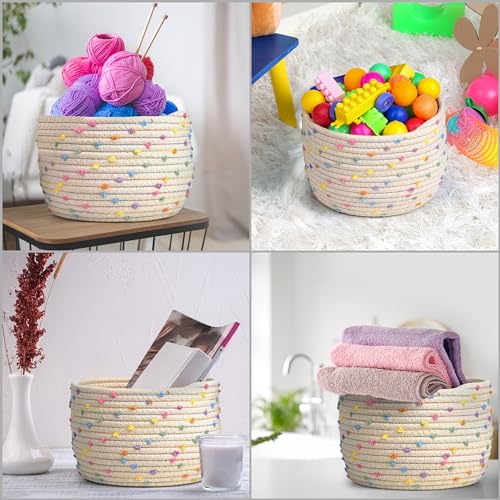 Winter Shore Baumwollseil Körbchen Geflochten - Korb Geflochten mit Deckel für Pflanzen, Garn, Kinderzimmerzubehör, Snacks, Handtücher - Flechtkorb Klein - Cremefarben mit Bunten Akzenten, Rope Basket
