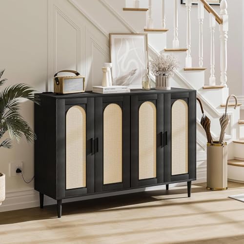 Rattan Sideboard Buffet Cabinet, Wooden Side board Accent Buffet With Power Outlet, Wood Sideboard With 4 Doors, BOHO Cabinet For Entryway, Hallway, Dining Room, Living Room, Coffee Bar (BLACK)