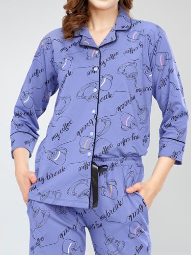 Image of ZEYO Night Suit for Women's Cup & Saucer Printed Cotton Night Dress of Shirt and Pajama Set 5757