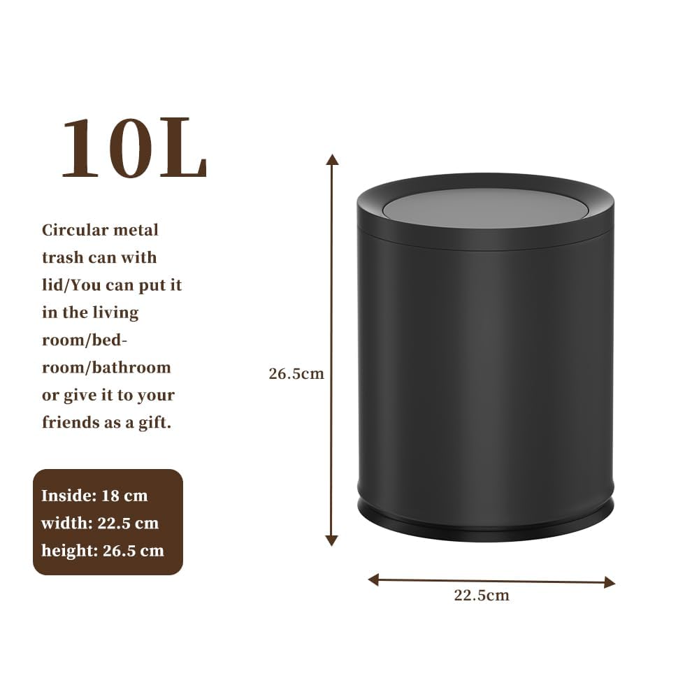 YOJIA 2.6 Gallon/10L Modern Metal Bathroom Trash Can with Lid,Light Luxury,Elegant Waste Basket,Black Garbage Can,for Bathroom,Bedroom,Living Room, Kitchen,Office,Bank (10L-Black)