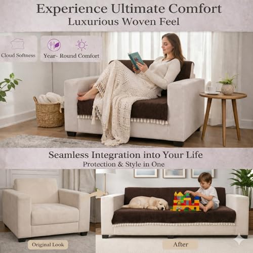Image of STITCHNEST Brown Chenille Sofa Cover 70x30 Inch - Soft, Durable & Textured Fabric with Tassels | Sofa for Living Room, Bedroom, or Drawing Room14