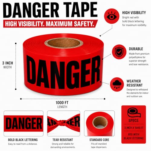 Image of ATERET Premium Red Danger Tape 3-Pack 3 inch x 1000 feet, Hazard Safety Tape, Construction Tape for Danger /Hazardous Area, Ideal Use for Halloween Decorations, Holiday, Party, Yard, Garden, Work-Site