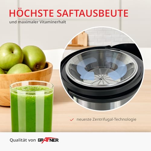 Grafner Express Entsafter für Obst und Gemüse, 400 Watt, 3 Geschwindigkeitsstufen, großer Einfüllschacht 65mm, 450ml Auffangbehälter, vitaminreiche Säfte, Edelstahl elektrische Saftpresse Juicer – Bild 4
