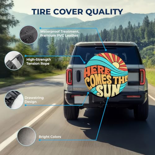Image of GENANY Hippie Here Comes The Sun Size 15 Premium PVC Leather Spare Tire Cover, Universal Fit for RV Camper Trailer, Dustproof, Waterproof Tire Cover with No Camera Hole, Spring Car Decor