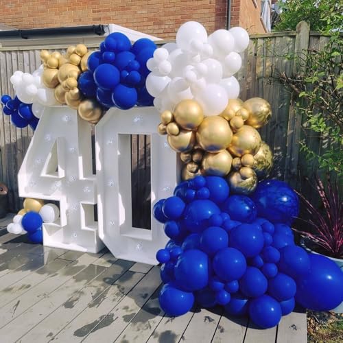 Image of BAUANOOY Royal Blue Gold White balloons, 60pcs 12 Inch Navy Blue Metallic Gold Confetti Balloon for Wedding Graduation Baby Shower Birthday Decorations
