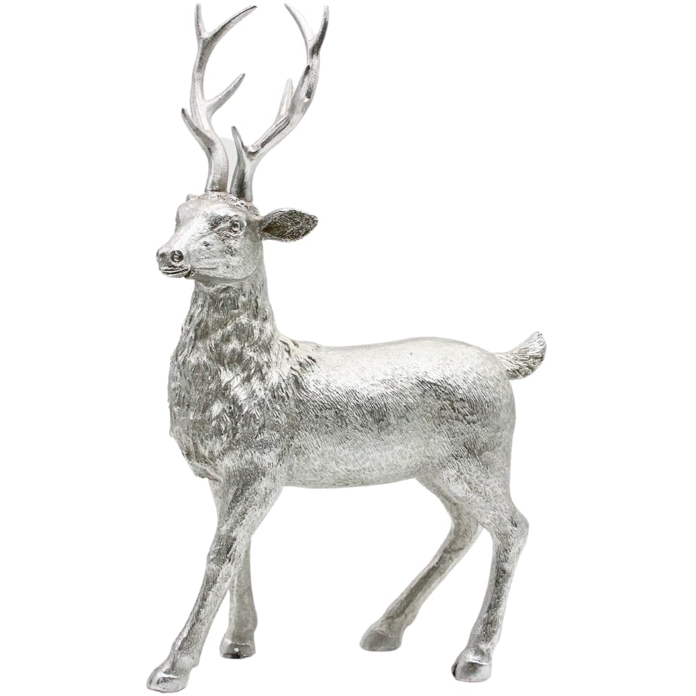 Dekohelden24 Keramik Dekofigur, Moderne Deko-Statue, Landhaus-Skulptur als Hirsch in Silber - Glitzer, stehend, L/B/H: 24 x 10 x 36cm