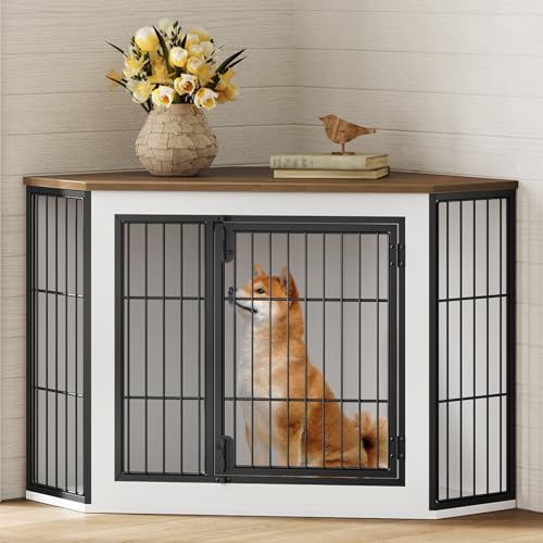 HOOBRO Corner Dog Crate Furniture, Decorative Dog Kennel End Table, Farmhouse Dog Crate TV Stand for Small and Medium Dogs, Walnut, White and Black BWH90GW03 - Image 3