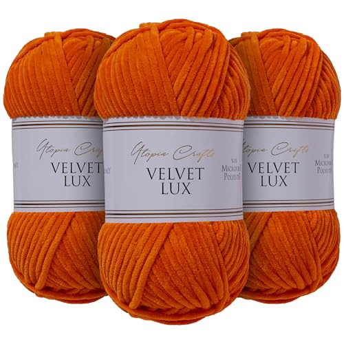 Utopia Crafts Velvet Lux - Ovillo de chenilla súper suave y grueso para tejer y ganchillo, 3 unidades, 100 g (color naranja rojizo)