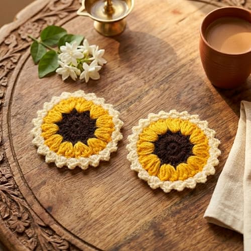 Image of eCraftIndia Sunflower Handmade Crochet Flower Decorations Pack (Dark Yellow) | Gift for Diwali Housewarming Birthday