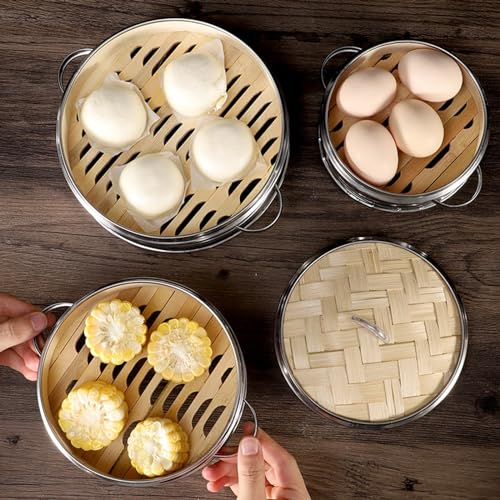 Set per cucina a vapore in bambù, cestello in acciaio inox a 2 livelli con coperchio, con vaporiera in bambù fatta a mano, uso domestico e commerciale