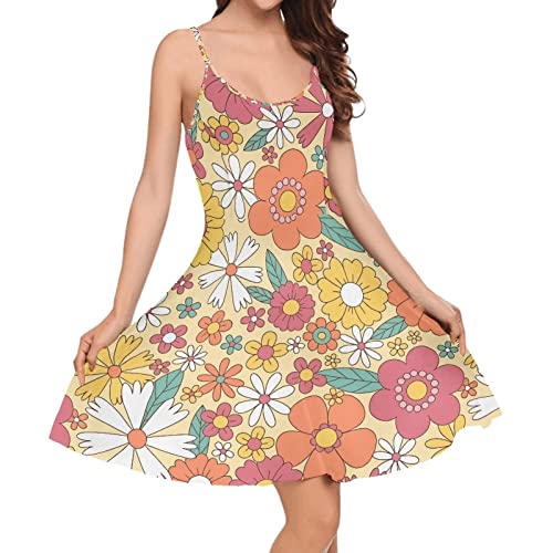 Image of Coloranimal Abstract Hippie Flower Dresses for Women Plus Size Womens Summer Casual Loose Sleeveless Spaghetti Strap Beach Dress Off Shoulder Swing Suspender Skirts, Orange