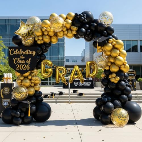 Image of Graduation Balloon Arch Kit - 115Pcs Black Gold Graduation Balloon Garland with GRAD Letters and Star Foil Balloons for Class of 2026 Grad Prom Party Decor