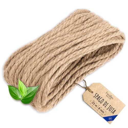 Creative Deco Corda di Iuta 25m (Personalizzazione Possibile ogni 5 m) | Spessore 8mm | Spago Durevole | Corda Juta Intrecciata Marrone Naturale | Spago Fai da Te, Giardinaggio, Tiragraffi per Gatti