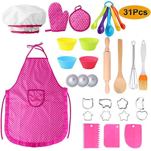 Hicdaw Kids Cooking Set, 31PCS Kids Chef Hat Playing Cooking Baking Apron Set