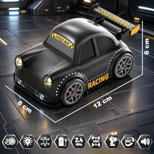 Image of VGRASSP 2.4GHz Rechargeable Mini RC Drift Stunt Car Toy for Kids with LED Headlights and Sound Effects - Interactive Remote Control Racing Car with Follow Me and Escape Mode - Black
