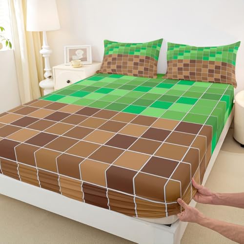 Image of Erosebridal Gaming Plaid Bed Sheets King Geometric Checkered Gamer Sheet Set Checkerboard Games Bedding Set for Kids Boys Girls,Brown Green Grids Fitted Flat Sheets 4 Piece