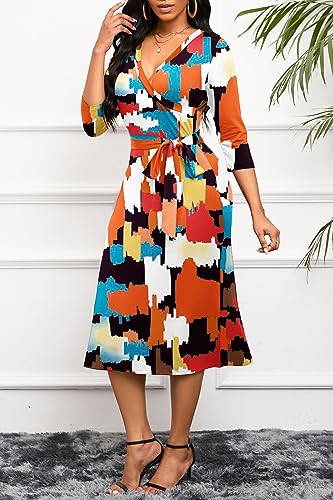 Runwind Women'S Midi Dress,3/4 Sleeves V Neck Cocktail Party Dress Curvy Wrap Sexy Geometric Pattern Dresses With Belt thumb #1