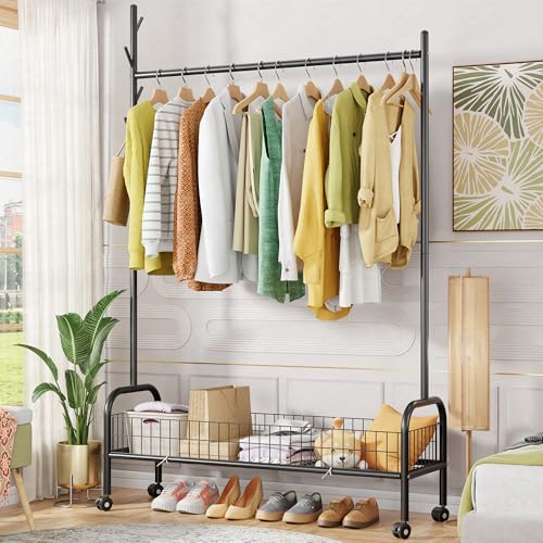 Image of Lukzer | MGR-003 | Black | Metal Garment Rack with Wheels, Single Rod & Mesh Base - Heavy-Duty Freestanding Clothes Stand with Bottom Shelf for Bedroom, Entryway, Laundry & More | 173 x 110 x 35 cm