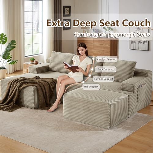 Image of 96 inch U-Shape Cloud Couch, Modern Modular Sectional L-Shape Sofa with Ottoman, Corduroy Upholstered Couches Deep Seat Sleeper Chaise Longue for Living Room, No Assembly Required(Camel, Left Facing)