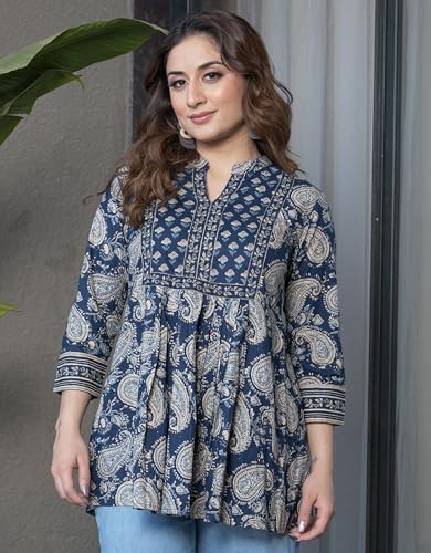 Image of Arayna Women's Pure Cotton Paisley Printed Tunic Top - Comfortable Everyday Wear