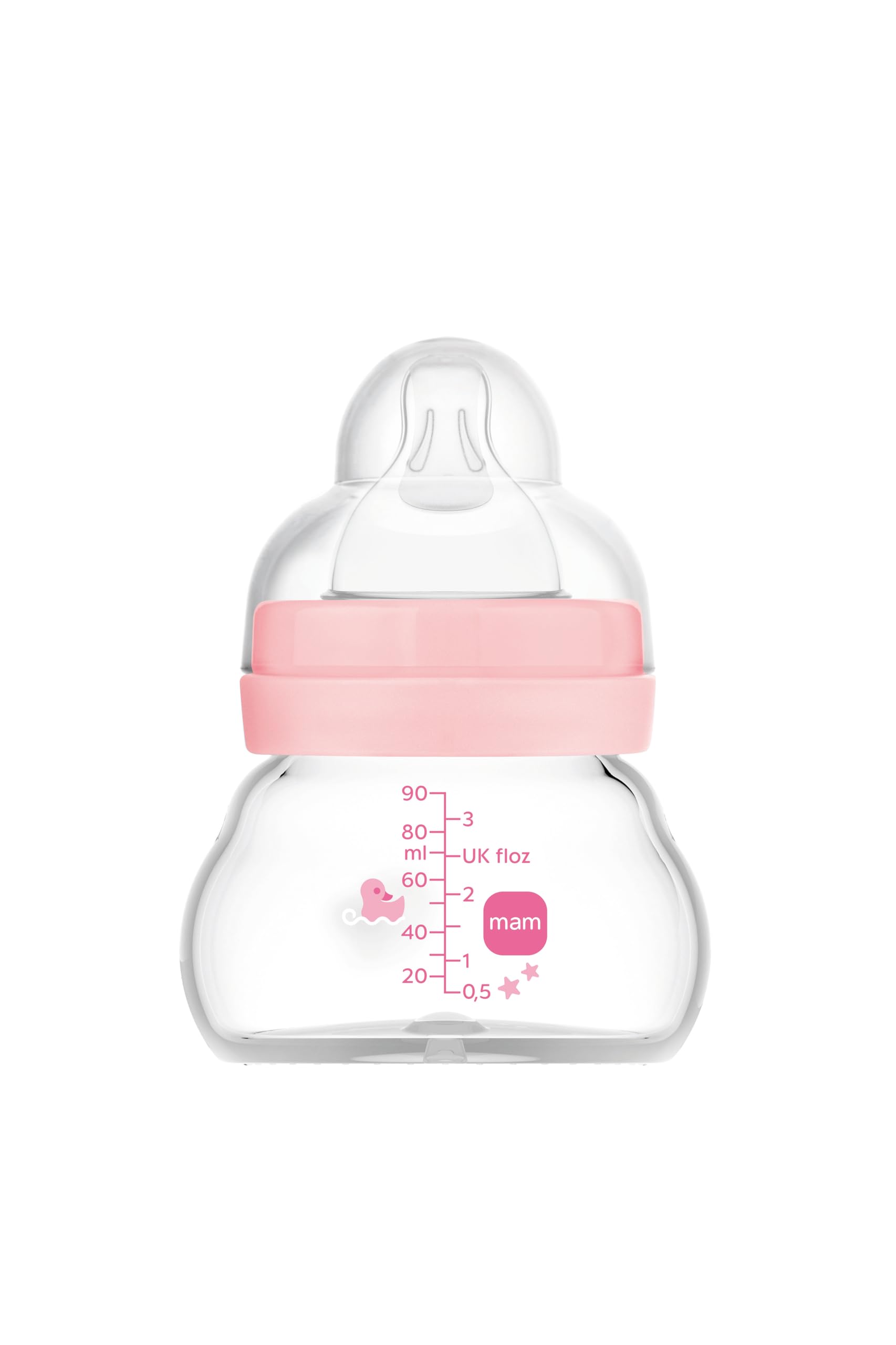 MAM Glasflasche, für Neugeborene, 0 Monate, 90 ml, mit Sauger 0, extra langsamer Fluss aus Silikon, leicht anzunehmen, leicht zu reinigen, Feel Good, Rosa, 1 Stück