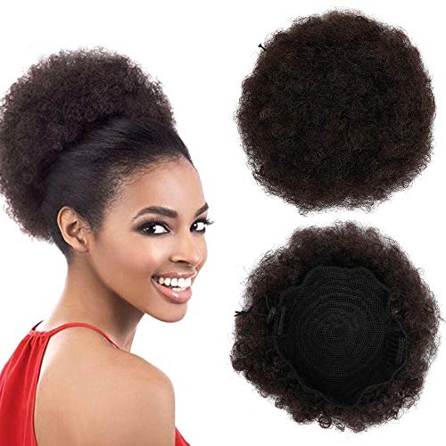 Fani Human Hair Afro Puffs Drawstring Ponytail Short Kinky Curly Wrap Hair Bun Hairpieces with 2 Clips in on Wrap Updo Hair Extensions Dark Brown(2#)