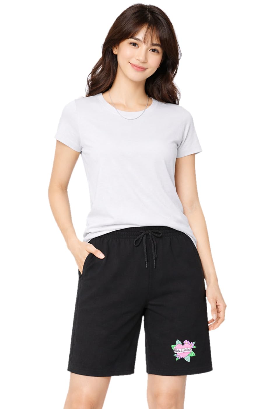 Regular Shorts for Women Rose Heart Printed Knee Length Casual Shorts Black XX-Large-image-29