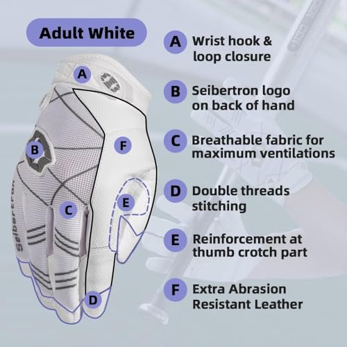 Seibertron B-A-R PRO 2.0 Signature Baseball/Softball Schlagmann Batting Handschuhe Gloves Super Grip Finger Fit for Erwachsener Weiß L