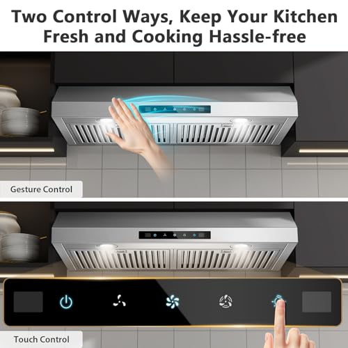 Image of Range Hood 30 inch Under Cabinet, 800 CFM Stainless Steel Range Hood with Gesture and Touch Control, kitchen hood with Carbon Filter, 3 Fan Speed, Ducted /Ductless Convertible