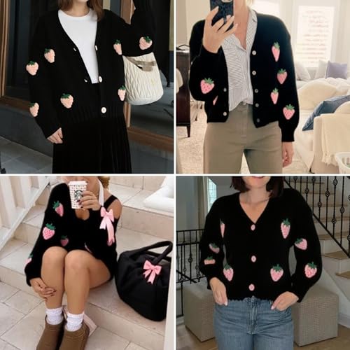 Image of FindThy Women's Kawaii Strawberry Embroidered Cardigan Long Sleeve V Neck Chunky Knitted Cardigans Tops