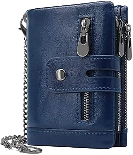 REETEE Mens Wallet RFID Blocking Men's Genuine Leather Wallet and Zipper Coin Pocket Bifold Purse with Chain 16 Credit Card Holder Genuine Leather Gents Wallets Slim Purse (Navy Blue)