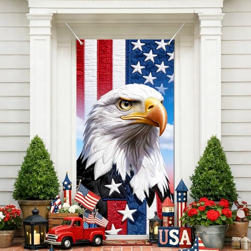 Image of BissYard Patriotic Eagle Door Cover 71 x 35 Inches American Flag Bald Eagle Door Banner USA Independence Front Door Decoration Indoor Outdoor Porch Veterans Memorial Decor