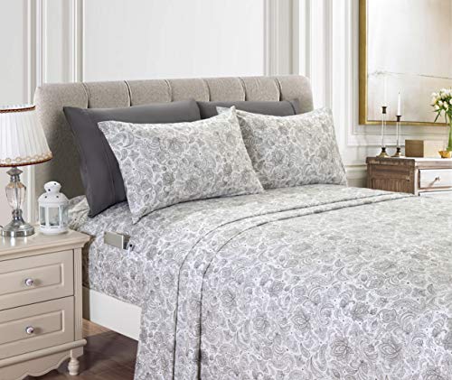 Elegant Comfort Luxury Soft Bed Sheets Paisley Pattern - 1500 Premium Hotel Quality Microfiber Softness Wrinkle and Fade Resistant (6-Piece) Bedding Set, Queen, Grey