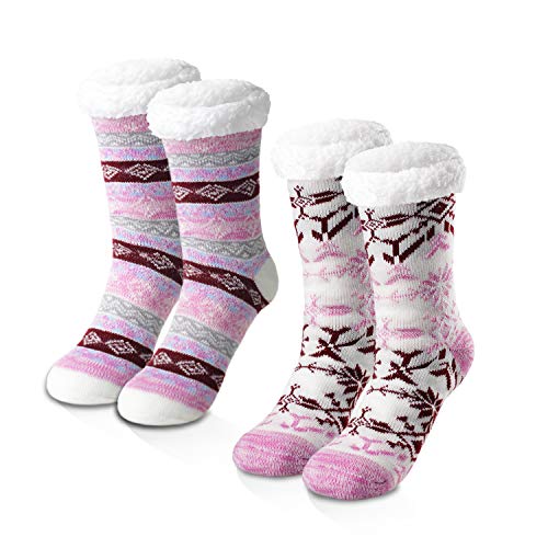 LIBWYS 2 Pairs Thick Knit Fleece lined Slipper Socks for Women Super Warm Soft Thermal Socks with Delicate Pattern and Rubber Sole Fuzzy Cozy Winter Stocking for Christmas