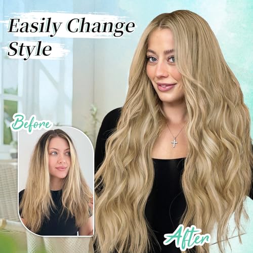 Image of KooKaStyle Wavy Clip in Hair Extensions 24 inch Light Brown mix Golden Blonde | 4 Pieces Clip in Extensions,Fiber Double Weft Hairpieces,Natural Volume,Beach Wave Long Synthetic Hairpieces for Women