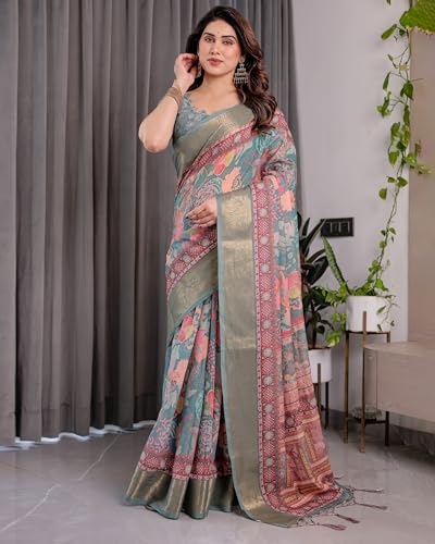 Image of ALMAARI FASHION Handloom Cotton Linen Saree for Women with Floral Printed Design and Tassel Pallu, Traditional Ethnic Lightweight Saree for Daily Office Festive with Blouse Piece